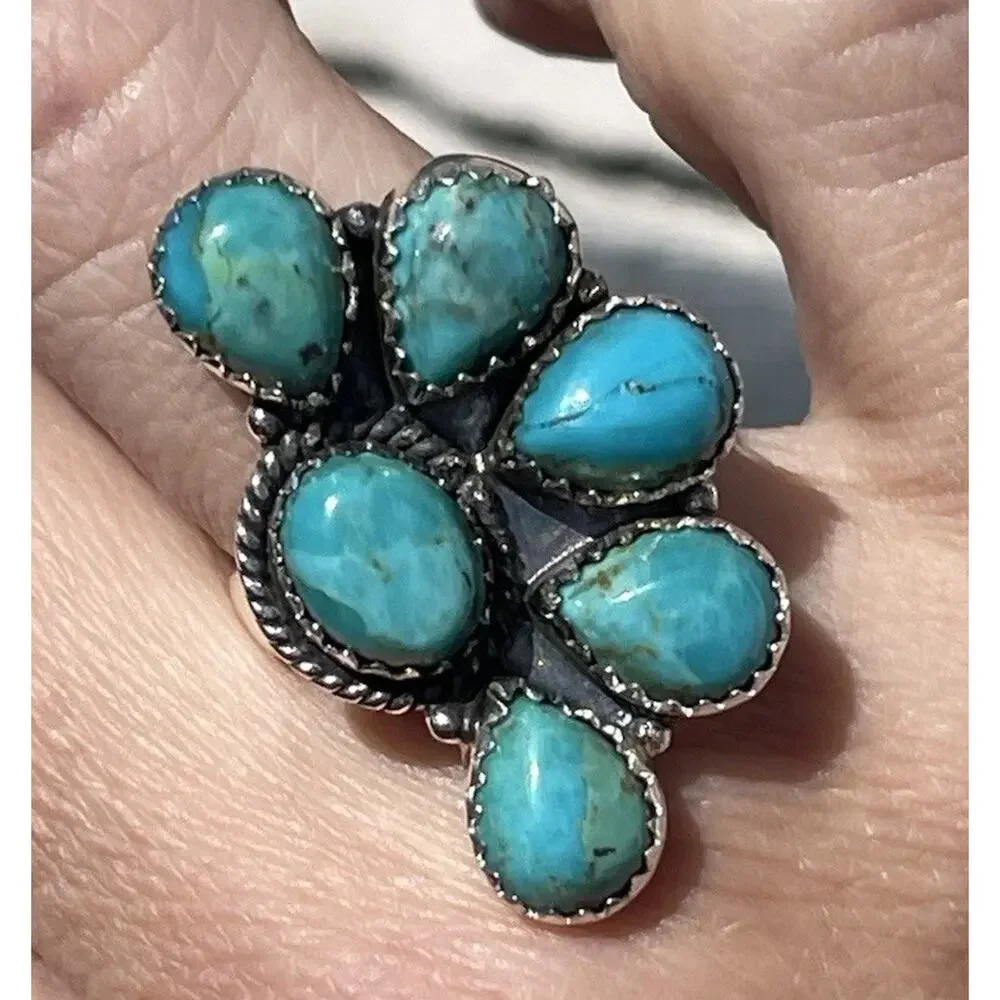 Sterling Silver NATIVE Style Turquoise Cluster Ring Size 7 Large SW Statement - Picture 1 of 11